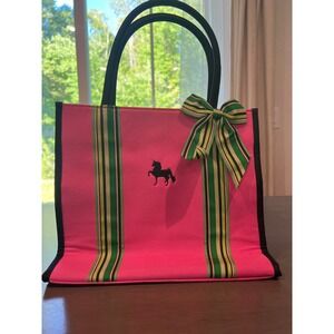 Manual Woodworkers‎ Weavers Pink Canvas Horse Tote Bag Green Striped Ribbon Bow